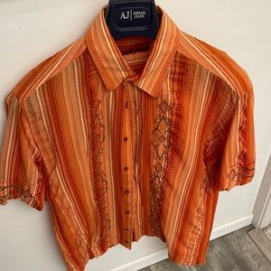 Mens 1990s vintage burnt orange tween slim fit short hem button down L